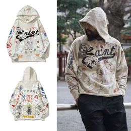 Saint Mens Designer Hoodies Kapok Scrawl Denim Vintage Letters Print Streetwear Tears Sweatshirts Floral Pullover Hooded Loose Unisex High Street Japan Hip Hop