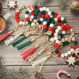 Colourful Silicone Christmas Beads Charm Bracelet keychain Wristlet Leather Tassel Key Ring Bracelet For Women Jewellery Gifts