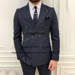 Men's Suits Fashion Black Striped Mens Slim Double Breasted Business Blazer Wedding Groom Tuxedo Banquet 2 Piece Set Terno Masculino
