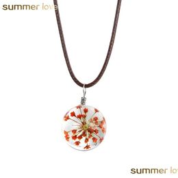 Pendant Necklaces Trransparent Round Dired Flower Glass Pendant Leather Necklace For Women Lovey Long Extendable Chain Jewellery Gift D Dhbwc