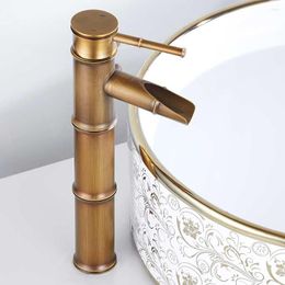 Bathroom Sink Faucets Antique Brass Bamboo Shape Faucet Vessel Basin Mixer Tap Lavatory One Hole / Handle Waterfall