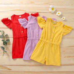 Rompers Kids Kid Girl Casual Summer Clothes Solid Colour Short Sleeves Round Neck Button Jumpsuit Romper Elastic Waist Toys J220922