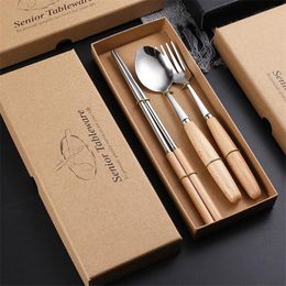 Knife Fork Spoon Chopsticks Tableware Set Wooden Handle Stainless Steel Steak Cutlery Sets Gift Kitchen Dinnerware Kits RRE14415