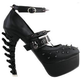 Dress Shoes LF80698 SHOW Storey Punk Black Spike Strappy Buckle Mary-Jane Gladiator Platform Bone Heels Pumps