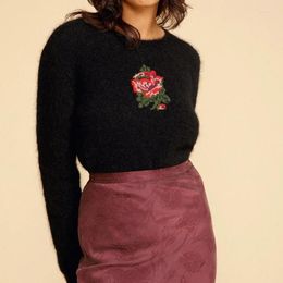 Women's Sweaters Women's Women Black Mohair Blend Sweater O-neck Rose Embroidery Jumper Long Sleeve Early Autumn Vintage Ladies Knit