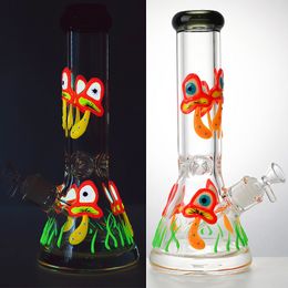 Glow In The Dark Straight Perc Hookahs Mashroom Owl Decals Water Pipes Oil Dab Rigs 5mm Thick Glass Bong 18mm Female Joint With Bowl Diffussed Downstem