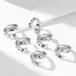 Stainless Steel 12 Constellation Ring for Women Vintage Zodiac Sign Aesthetic Wedding Ring Fashion Finger Accessories Jewelry