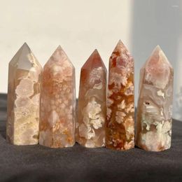 Decorative Figurines 50-70mm Natural Cherry Blossom Agate Crystal Hexagon Wand Single Point Healing Stone Tower For Decoration