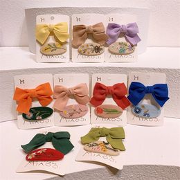 2 Pcs New Fashion Sweet Girl Princess Fabric Bow Hairpins Korean Children's Cute Embroidery Flower Oval BB Clip Hair Accessories