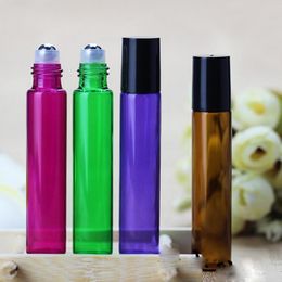 Amber/Clear/Blue/Green/Purple/Rose Red 10ml Roll On Bottle Glass Essential Oil Container with Black Lid SS Ball