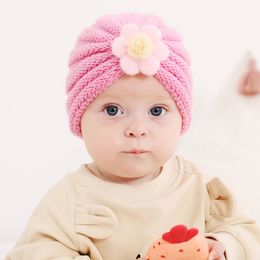 Children's Hats Floral Decoration Colour Knitted Wool Hat Thick Down to Keep Warm in Winter Wholesale