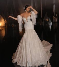 Elegant Mermaid Wedding Dresses Long Sleeves V Neck Sequins Appliques Bridal Gowns 3D Lace Sheath Sexy Ruffles Bridal Gowns Sweep Train Vestido de novia