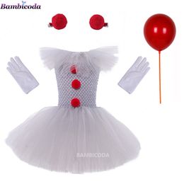 Special Occasions Grey Girls Halloween Costume Tutu Dress Creepy Clown Kids Carnival Party Cosplay Clothing Children Tulle Fancy Up 2-12Year 220922