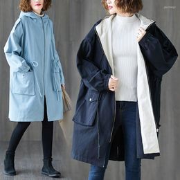 Women's Trench Coats Women's Plus Size Women Jackets Oversize Autumn Winter Thicken Cotton Hooded Outerwear Spring Vintage Zipper Big