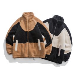 Harajuku Fuzzy Fluffy Lambswool Jacket Winter Parkas Men Color Block Patchwork Thick Warm Coat Streetwear Hip Hop Casual Outwear