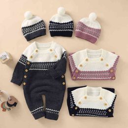Rompers Baby Girl Boys Knitted Clothing Long Sleeve Patchwork Romper Jumpsuit Outfit Autumn Winter Sweater Bodysuits Hats J220922