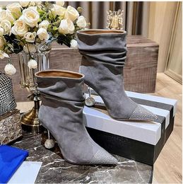 Short Boots Fashion Boots Pointed Thin High-Heeled Mule Crystal Diamond Ball Metal Heel 9Cm Luxury Pleated Anti Velvet Leather Designer Lady