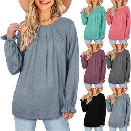 Women's T Shirts Stripped For Women Womens Long Sleeve Top Round Neck Pleated Solid Color Shirt Thick