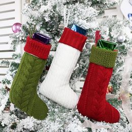 Knitted Christmas Socks Red Green White Wool Knitting Stocking Christmas Tree Hanging Candy Gift Bags Xmas Decor RRB15708