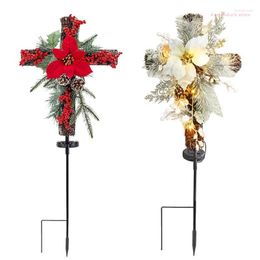 Decorative Flowers Christmas Cross Flower Stake Led Solar Light With Red Berries Pine Cone For Outdoor Garden Yard Lawn Decoration Gift HX6D