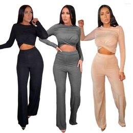 Women's Two Piece Pants 2022 Summer Women Suit Tracksuit Solid Colour Loose Two-piece Long Sleeve Shirring Office Lady Outfit Navel O-neck