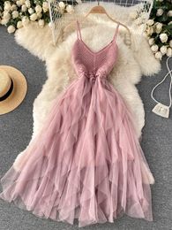 Casual Dresses Summer Women's Suspender Dress Irregular Gauze Fluffy Skirt High Waist Slim Temperament V-neck Beach