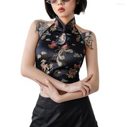 china tanks UK - Women's Tanks Women Sexy Halter V-neck Buckle Vest Summer Fashion Dragon Embroidery Chinese Style Tank Tops Backless Casual Top
