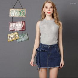 Skirts Women Autumn Blue Solid Casual High Waist Asymmetrical Denim Street Pockets Lace Up All-matched Jeans Skirt