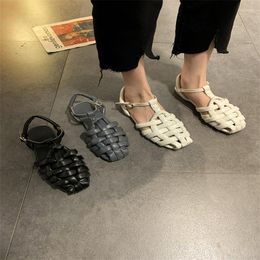 Sandals Ladies Summer 2022 Fashion Buckle Flat Baotou Shoes Comfortable And Soft Leather Weave Sandalias De Las Mujeres