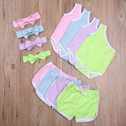 Clothing Sets Infant Baby Girl Two Piece Suit Summer Shorts Sleeveless Slant Shoulder Casual Headband Lace Up Pants 3 Pieces