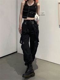 Women's Pants Capris QWEEK Gothic Cargo Women Harajuku Black High Waisted Hippie Streetwear Kpop Oversize Mall Goth Wide Trousers For Female 220922
