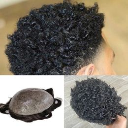 Dark Brown Black 15MM Curl Men's Toupees Durable Man Natural Hairline Wig Thin Skin Human Hair Replacement System Unit Prosthesis