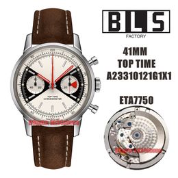BLS Watches 41mm Top Time A23310121G1X1 Stainless Steel ETA7750 Automatic Chronograph Mens Watch White Dial Leather Strap Gents Wristwatches