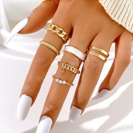 Bohemian Hollow Knuckle Ring Set Gold Color Vintage Pearl Chain Geometric Ring for Women Trendy Jewelry Gifts