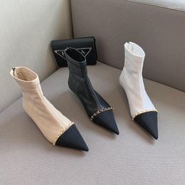 Boots Pointed Toe Women Ankle Mixed Colour Sewing Metal Chain White Beige Black Thin Low Heels Short Woman Back Zipper 39