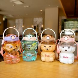 1000ml Water Bottle Cute Kids School Outdoor With Straw Portable Strap Plastic F0923