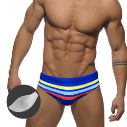 Men's Swimwear Europe America Fashion Sexy Stripe Rainbow Swimwear Men With Push Pads Triangle Shorts Summer Beach Surf Sport Bikini J220913