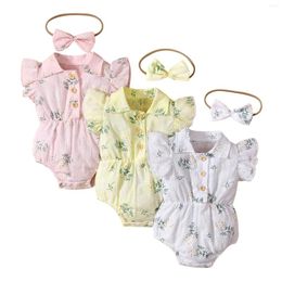 Clothing Sets 2022 2Pcs Toddler Summer Outfit Floral Turn-Down Collar Short Sleeves Romper Hair Rope For Baby Girls 0-18 Months