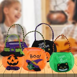 Wholesales Festival Decorations New Halloween Candy Bags Trick Or Treat Muti Styles Pumpkin Witch Cat Patterns Handbags Mixed Colors Cute Child Cloth Round Bag