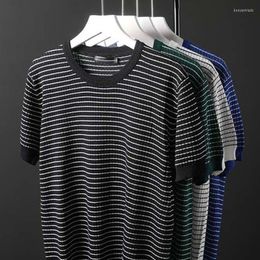 Men's T Shirts 2022 Men's Summer Thin Tees Ice Silk Knitted T-shirts Top Striped Short-sleeved T-shirt Casual O Neck Pullover B109