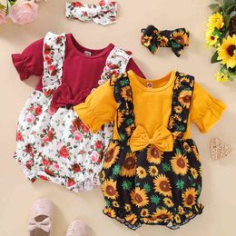Rompers Newborn Baby Romper Girls Clothes Floral Patchwork Summer Jumpsuit And Headwear J220922