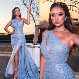 Simple Sequins Evening Dresses Sleeveless One Shoulder Mermaid Prom Dress Custom Made Side Split Formal Party Gown