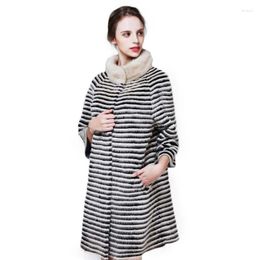 Women's Fur 2022 Winter Women's Fashion Mid-Length Black And White Striped Coat Loose Lapel Faux Imitation Mink Outwear Y824