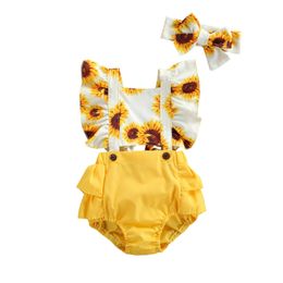 Rompers Fashion Newborn Baby Girl Ruffles Sunflower Print Romper Cotton Sunsuit Sleeveless Jumpsuit Headband Outfits Clothing 024M J220922