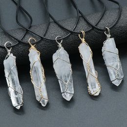 Natural Stone Wire Winding Necklace Irregular Rock Crystal Clear Quartz Pendant Necklaces for Women Jewelry Gift