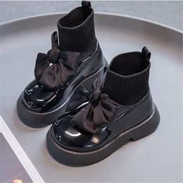 New Fashion Childrens Boots Patent Leather Bow Child Girls Martin boots Autumn Kids Socks Shoes Princess Dress shoe