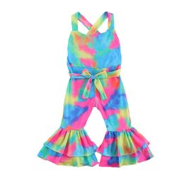 Rompers 16Y Summer Fashion Kid Baby Girls Romper Jumpsuits TieDye Printed Strap Sleeveless Elastic Flare Pants Outfit J220922