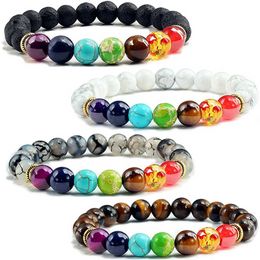 Yoga 7 Chakras Stone Beads Strand Bracelets Women Men Handwoven Energy Stone Tiger Eye Howlite Bracelet Fashion Jewellery