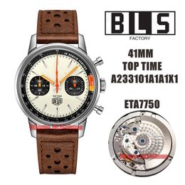 BLS Watches 41mm Top Time A233101A1A1X1 Stainless Steel ETA7750 Automatic Chronograph Mens Watch white Dial Leather Strap Gents Wristwatches