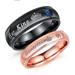 queen mixes UK - Mix Design Stainless Steel Rose Gold Lovers Promise Couple Rings Her King His Queen Crown Charm Letter Ring For Women Men Black An309G
